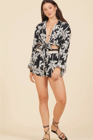 Surf Gypsy | Black Palm Print Tie-up Blouse with Collar