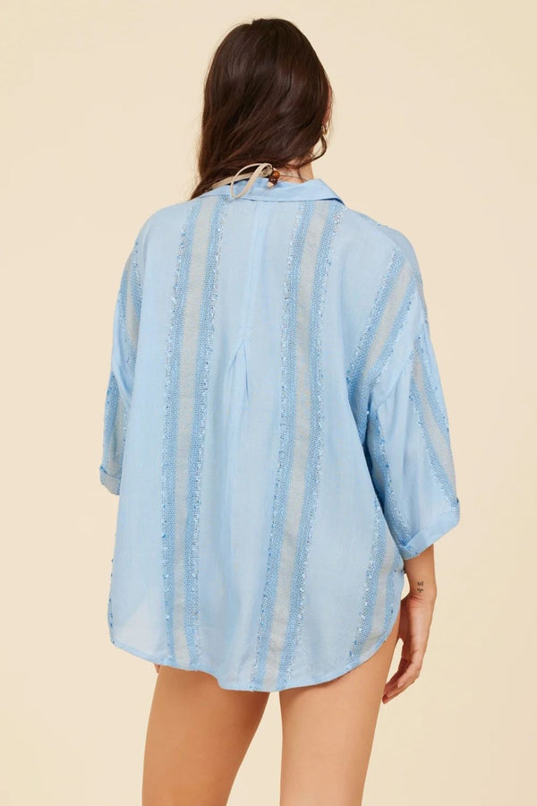 Surf Gypsy | Water Blue Button Up 3/4 Sleeve Blouse