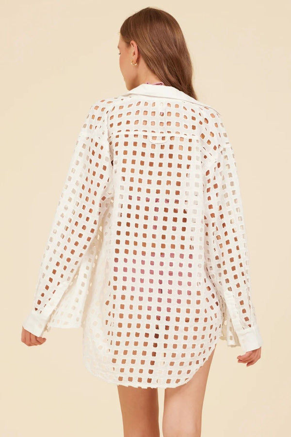 Surf Gypsy | White Box Eyelet Long Sleeve Button Up Blouse with Collar