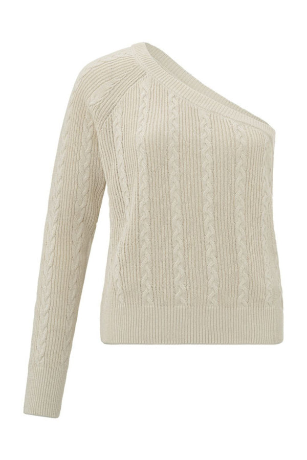 YAYA | Cable Knit Sweater with One Sleeve and Asymmetric Neckline in Beige