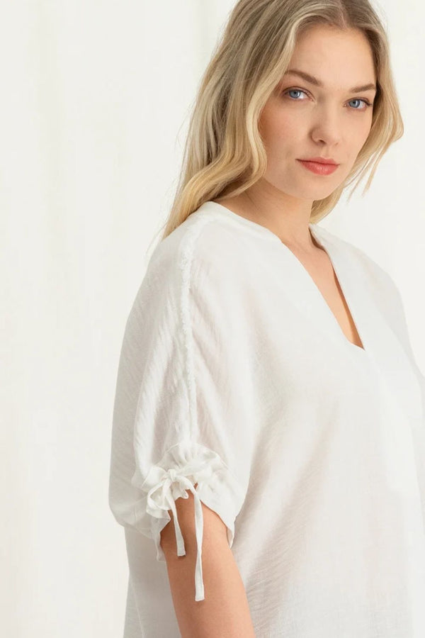 YAYA | Airy V-neck Top With Drawstring Sleeves in Off White