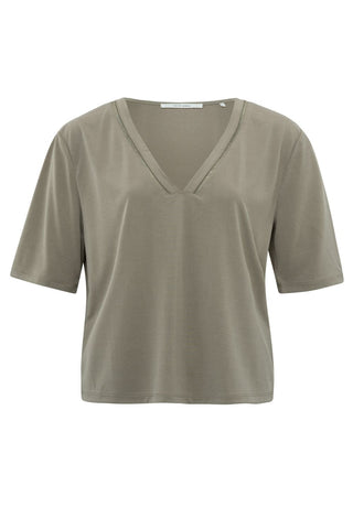 YAYA | T-Shirt With Neckline Detail in Army Green