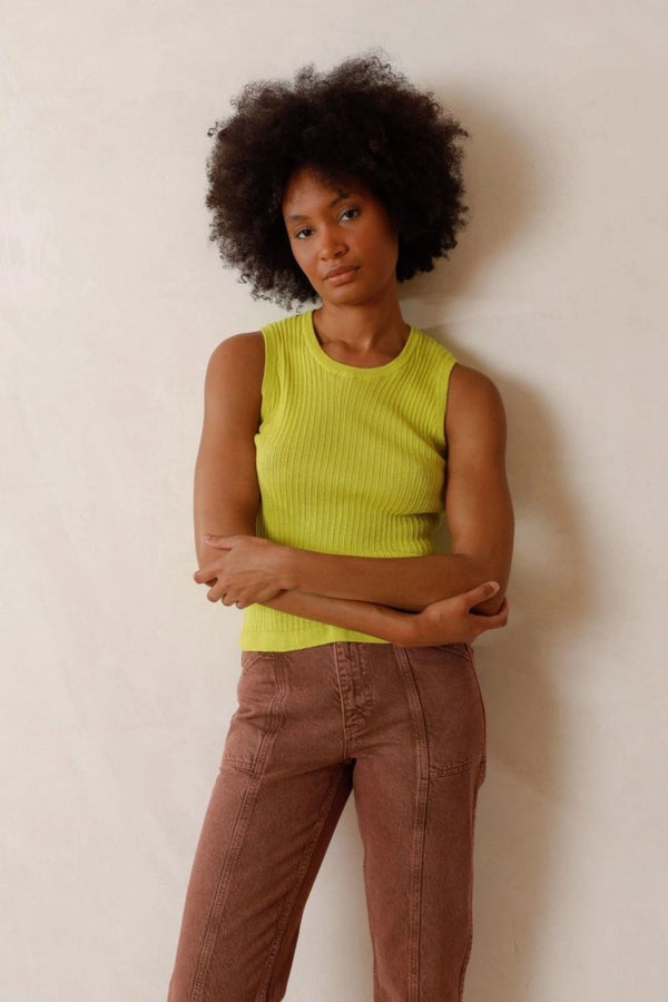 Indi & Cold | Ribbed Linen Tank In Fluorescent Lime