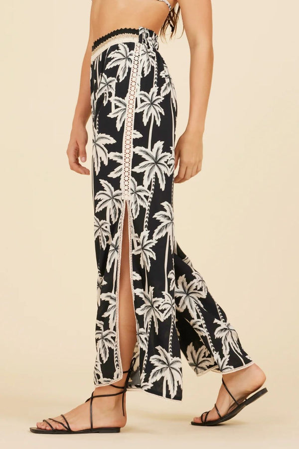 Surf Gypsy | Black Palm Print Pant with Embroidered Waist