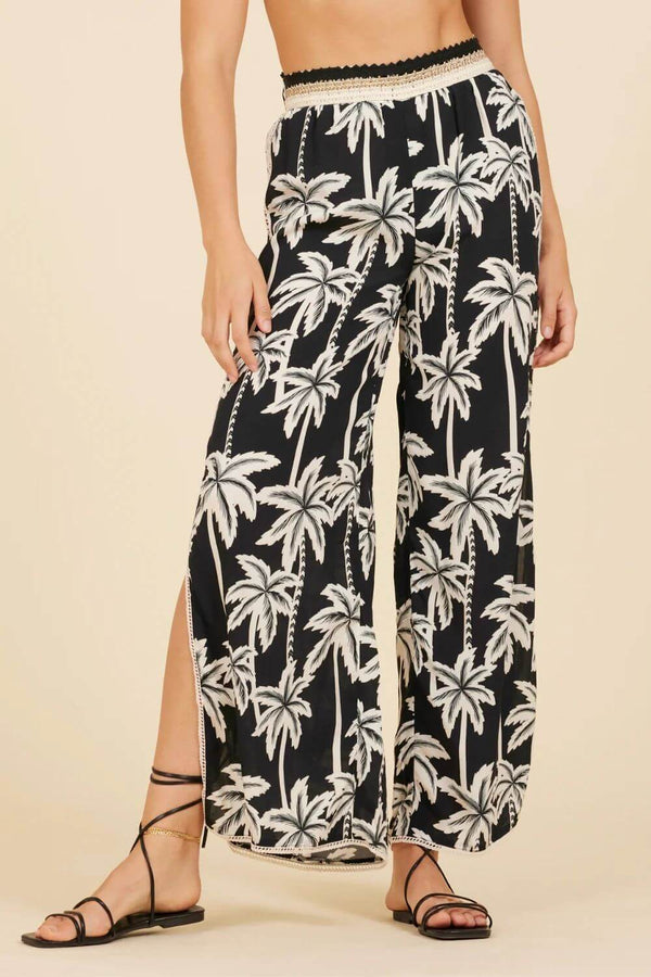 Surf Gypsy | Black Palm Print Pant with Embroidered Waist