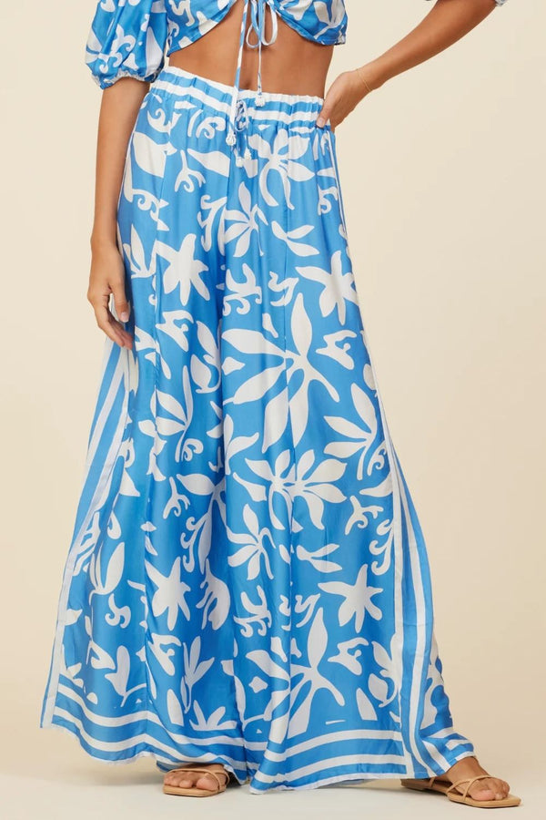 Surf Gypsy | Blue and White Wide Leg Floral Print Pant