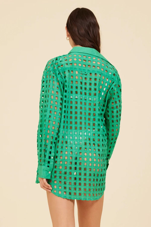 Surf Gypsy | Seafoam Box Eyelet Long Sleeve Button Up Blouse with Collar