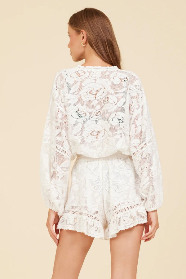 Surf Gypsy |  White Lace Ruffle Tie-Up Blouse with Banded Waist