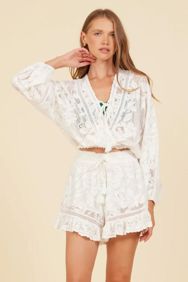 Surf Gypsy |  White Lace Ruffle Tie-Up Blouse with Banded Waist