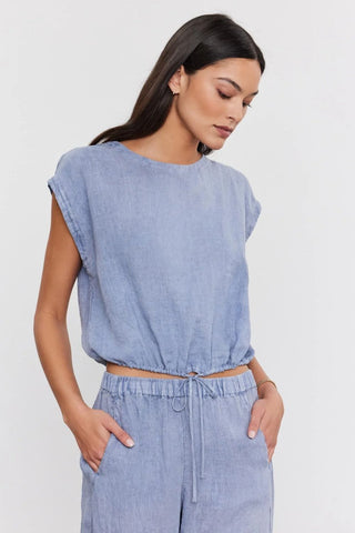 VELVET | Bayla Woven Linen Tie Crop Top in Blue Haze