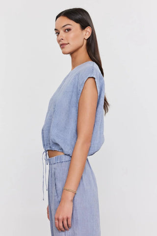 VELVET | Bayla Woven Linen Tie Crop Top in Blue Haze