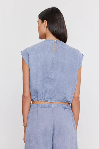 VELVET | Bayla Woven Linen Tie Crop Top in Blue Haze