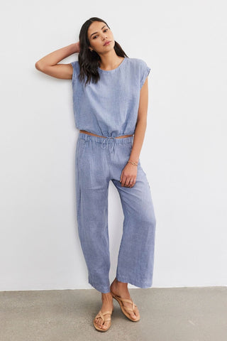 VELVET | Bayla Woven Linen Tie Crop Top in Blue Haze