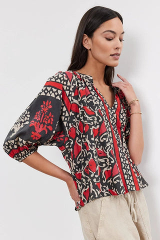 VELVET | Dayana Printed Silk Cotton Voile Top in Red