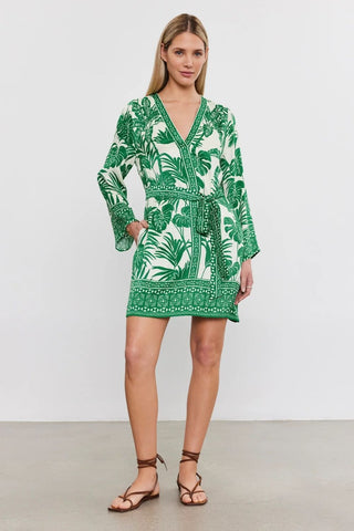 VELVET | Emella Palm Print Long Sleeve Dress in Green