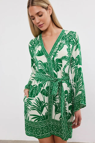 VELVET | Emella Palm Print Long Sleeve Dress in Green