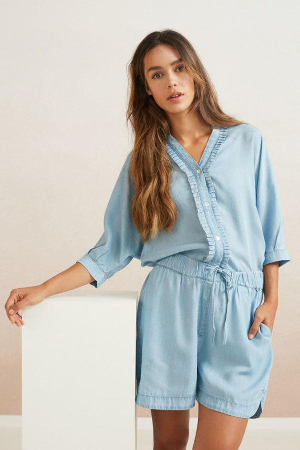 YAYA | Dolman Sleeved Button-up in Chambray Blue