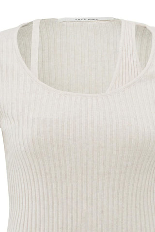 YAYA | Double Layer Rib Knit Top in Chalk White