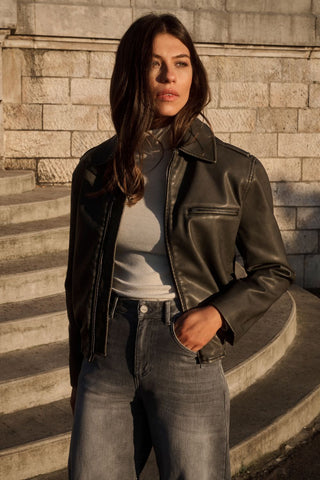 YAYA | Faux Nubuck Leather Bomber Jacket in Anthracite