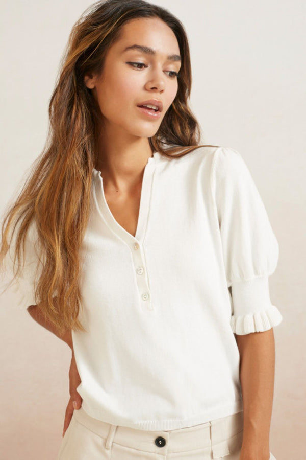 YAYA | Puff Sleeve Sweater with Ruffle Details in Off White