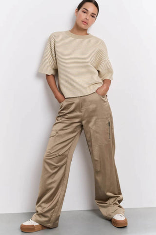 YAYA | Satin Wide Leg Cargo Pants in Safari