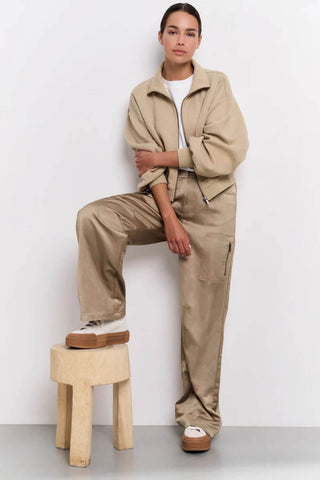 YAYA | Satin Wide Leg Cargo Pants in Safari