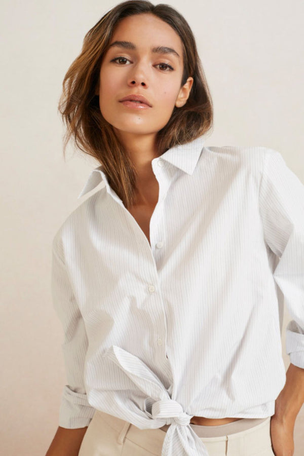 YAYA | Striped Poplin Knotted Blouse in Off White