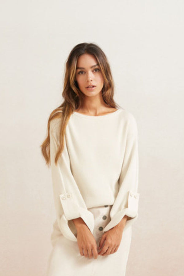 YAYA | Wide Sleeve Woven Sweater in Beige